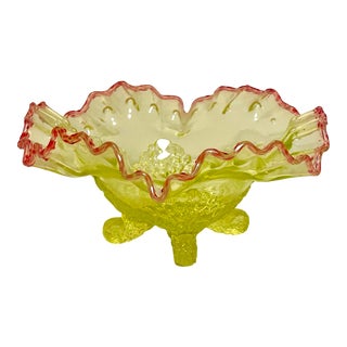Antique Jefferson Northwood Vaseline Glass Ruffle Bowl For Sale