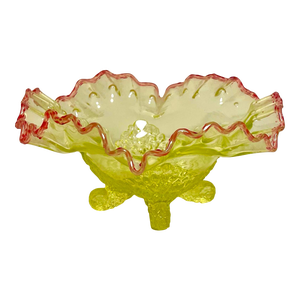 Antique Northwood Fancy Fantails Vaseline Glass Bowl With Cranberry Frit Rim