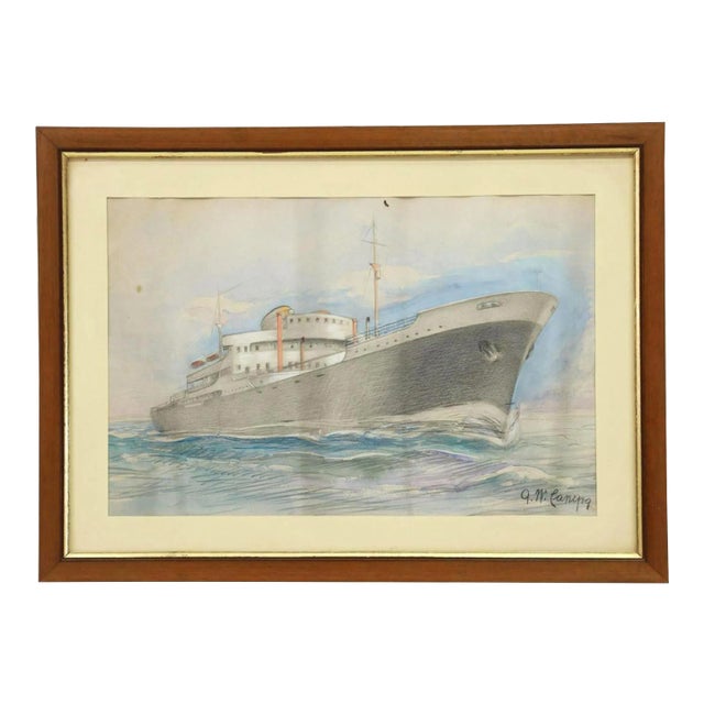 1950s Vintage Original G W Canepa Charcoal & Watercolor Ocean Liner Painting, Framed For Sale