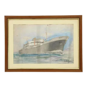 1950s Vintage Original G W Canepa Charcoal & Watercolor Ocean Liner Painting, Framed
