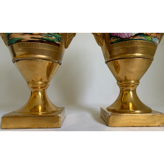 19th Century French Old Paris Gilt Porcelain Swan-Handle Urn Vases – Pair For Sale - Image 11 of 16