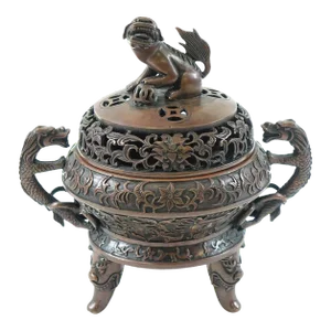 Early 20th Century Chinese Bronze Tripod Urn with Foo Dog