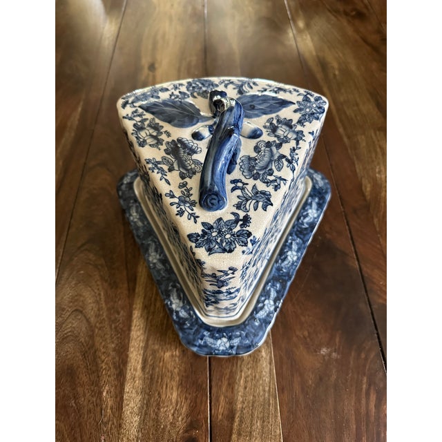 Triangular plate and dome with handle in blue pattern over off white glaze. Made in a Victorian style. Beautiful condition...