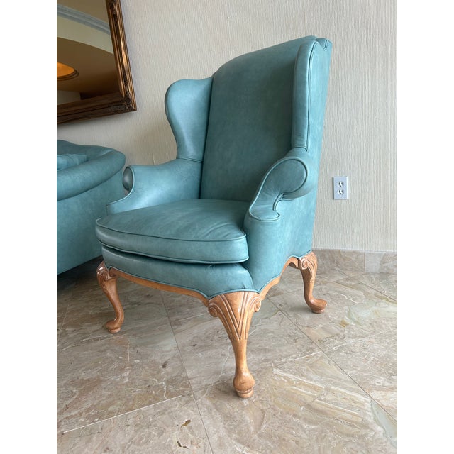Ethan Allen Style Leather Chippendale Two/Three Seat Sofa and Wing Chair Set For Sale In Miami - Image 6 of 7