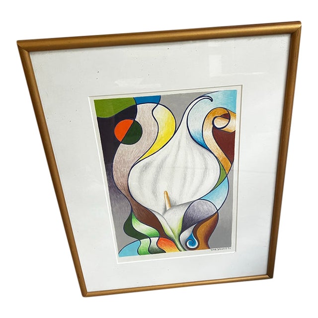 Vintage Framed Abstract Floral Drawing, Signed by the Artist For Sale