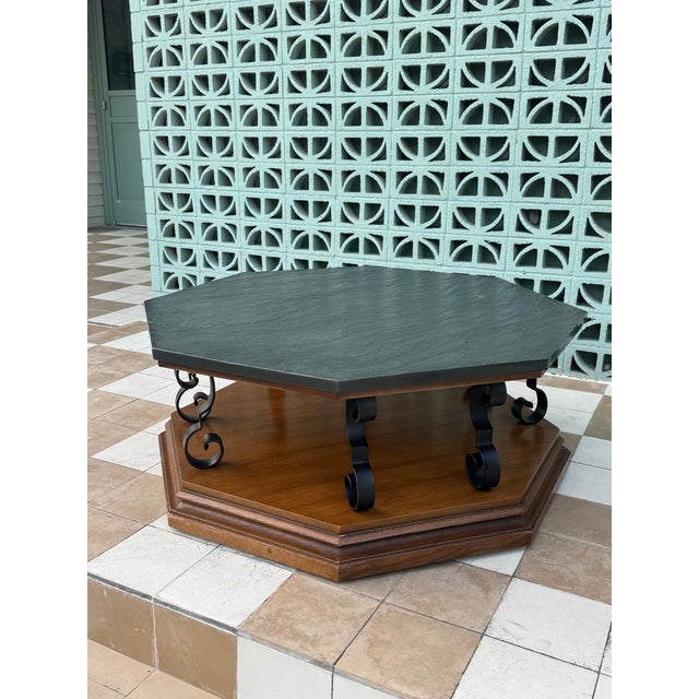 Wood Vintage C. 1969 Mid Century Modern Spanish Revival Octagonal Slate Top & Iron Coffee Table For Sale - Image 7 of 10