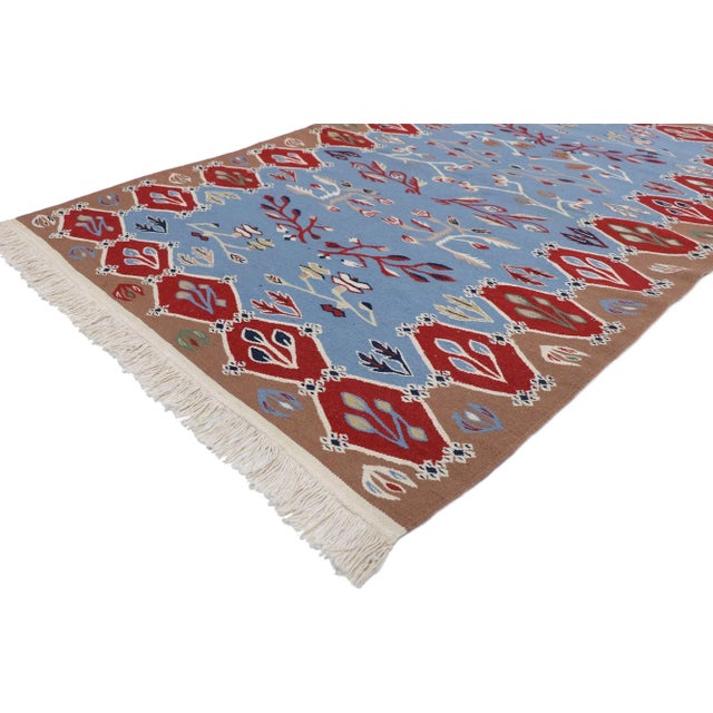 78048 Vintage Oltenian Romanian Kilim Rug, 04'01 x 05'11. The Enchanted Garden: A Vintage Romanian Oltenian Kilim of...
