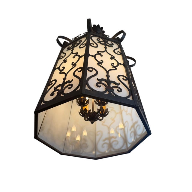 1920s Spanish Revival Wrought Iron Lantern Chandelier For Sale In Los Angeles - Image 6 of 12