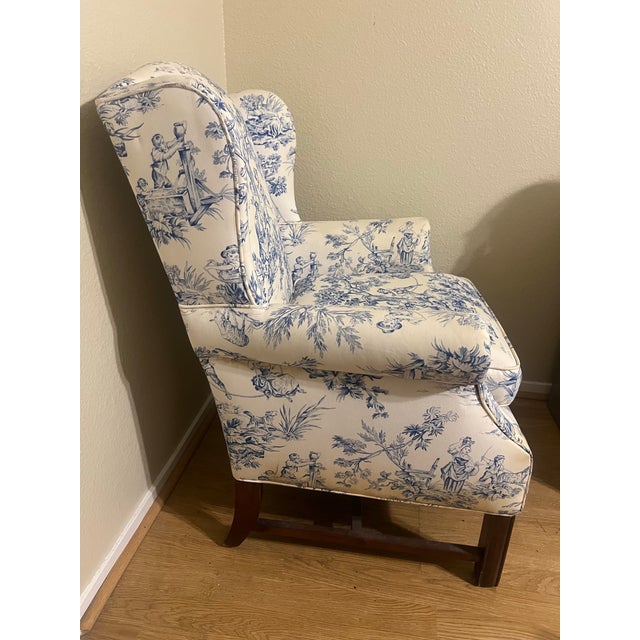1980s Traditional Blue & White Toile Wingback Accent Chair For Sale - Image 11 of 12
