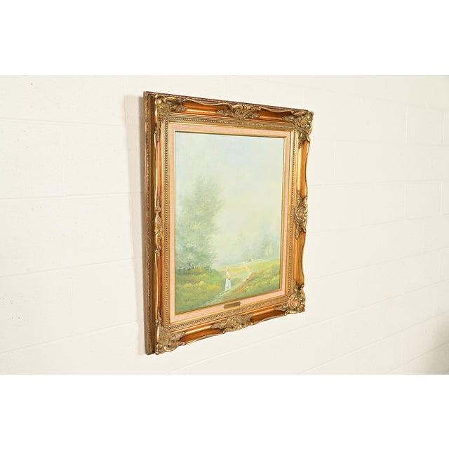 Original Artist Signed K. Kirum "Church in the Dale" Oil Painting in Carved Giltwood Frame For Sale - Image 4 of 16