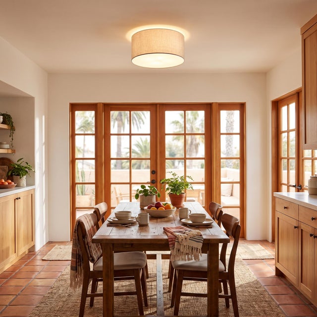 Cashmere Gray linen paired with Satin Nickel steel defines the Stretch 7.5" Flush Mount luminaire, a sophisticated...