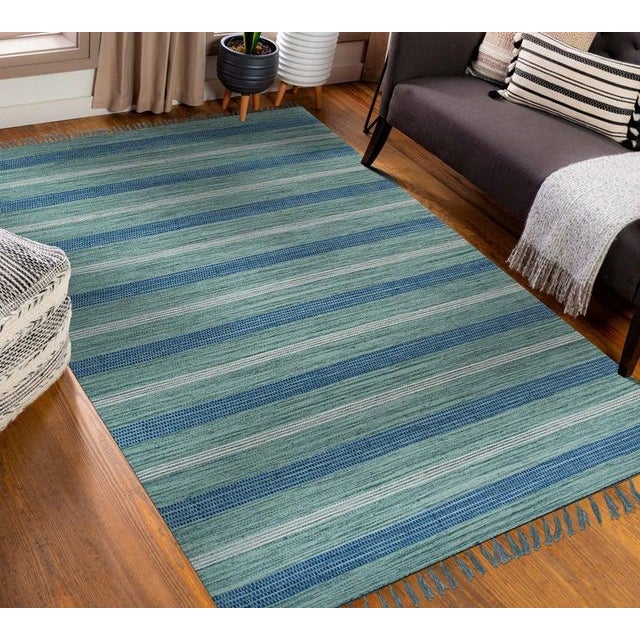 5x8 Blue Flat Weave Wool Bamboo Silk Coastal Horizon Striped Modern Carpet Rug For Sale - Image 4 of 7