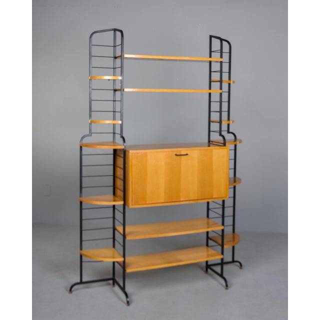 1950s Mid Century Italian Free Standing Blond Wood and Black Metal Shelf Cabinet For Sale - Image 5 of 12
