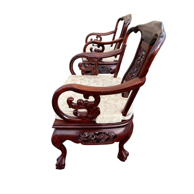 Exquisite Pair of 20th-Century Chinese Hand-Carved Rosewood Dragon Armchairs For Sale - Image 4 of 12