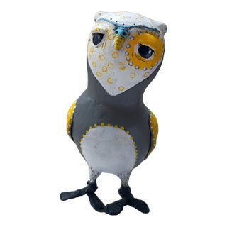 Whimsical Handmade Paper Mâché Folk Art Owl Figurine - For Sale