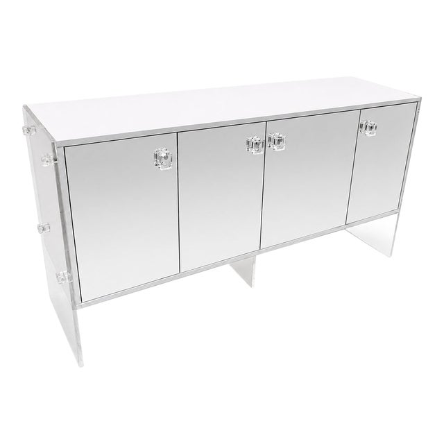 Vintage Mirrored Credenza With Lucite Sides & White Laminate For Sale