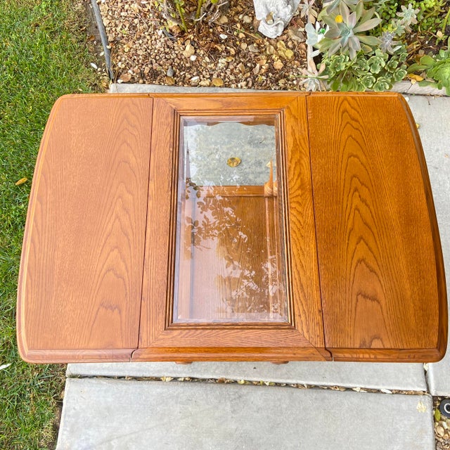1980s Vintage Oak Drop Leaf Table With Glass Center For Sale - Image 4 of 10