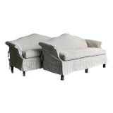 Vintage Regency Ticking Stripe Slipcover Camelback Sofas - A Pair For Sale