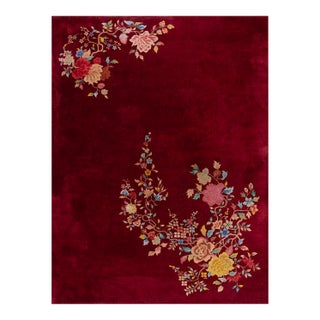 1930s Ruby Red Modern Floral Antique Chinese Art Deco Carpet 8'10" X 11'8" Knotted Wool Rug For Sale