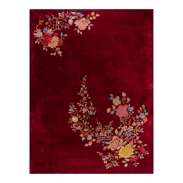 1930s Ruby Red Modern Floral Antique Chinese Art Deco Carpet 8'10" X 11'8" Knotted Wool Rug For Sale