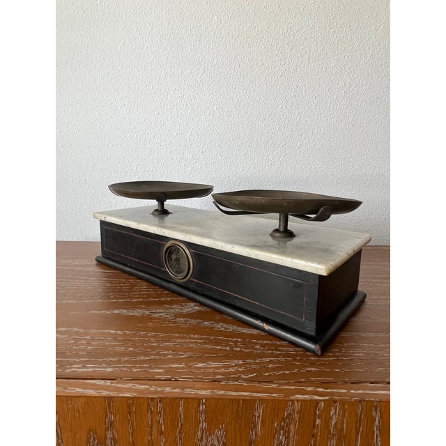 Victorian Antique French Bruyat Lyon Marble Top Kitchen & Culinary Balance Scale Ebonized Base and Brass Pans For Sale - Image 3 of 12