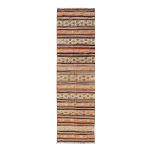Mid 20th Century Vintage Hand Woven Turkish Kilim Colorful Stripe Runner With Tribal Motifs