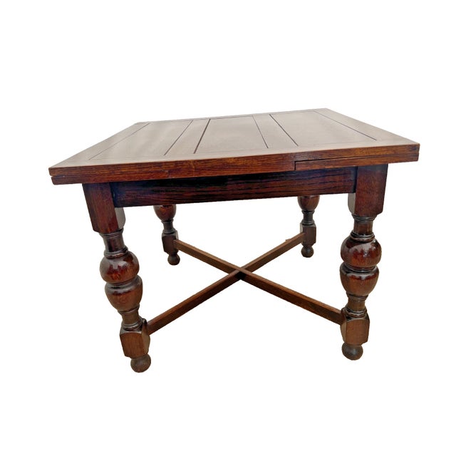 Wood Early 20th Century English Tudor Expansion Table Turned Baluster Legs Quarter Sawn Oak, X-Stretcher For Sale - Image 7 of 16