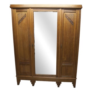 Art Deco Wardrobe in Carved Oak, 1933 For Sale