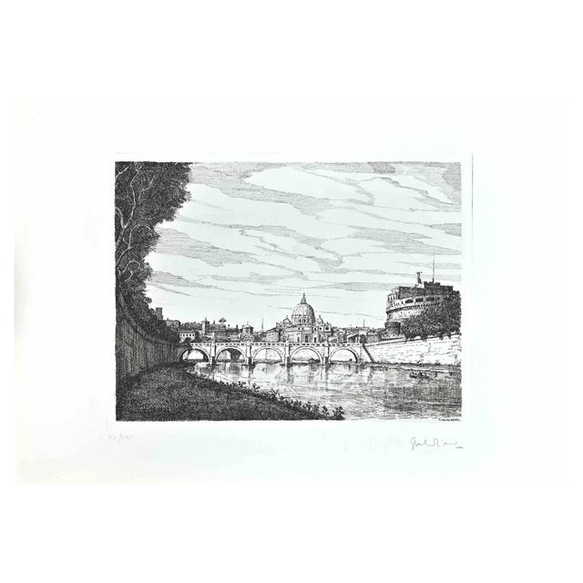 Giuseppe Malandrino, Saint Peter and Castel Sanit Angelo, Etching, 1970s For Sale
