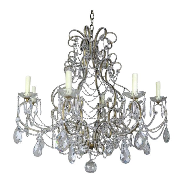 French Crystal Beaded 8-Arm Chandelier, 20th Century For Sale