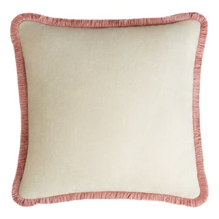 HAPPY PILLOW Off-White with Pink Fringes by Lorenza Briola for LO DECOR For Sale