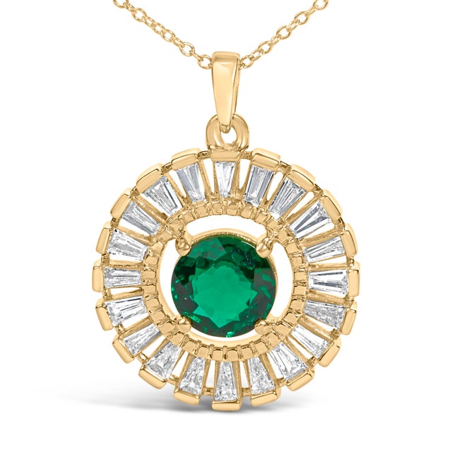 Contemporary 14K Yellow Gold Plated Silver Lab Grown Emerald and Diamond Sunburst Medallion Pendant Necklace For Sale - Image 3 of 5