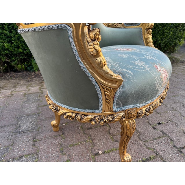 Gold 1950 French Louis XVI Gold Beech Damask Settee - 1 Pc For Sale - Image 8 of 14