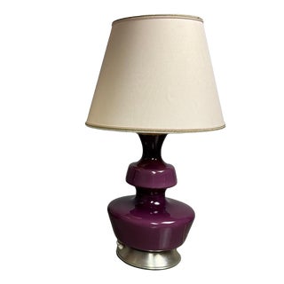 Mid-Century Belgian Purple Opaline Glass Table Lamp with Vintage Cream Lampshade from De Rupel, Belgium, 1960s For Sale