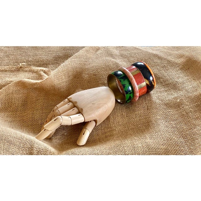 Contemporary Vintage Coral + Brass Bangle Bracelet Collection, Set of 5 For Sale - Image 3 of 11