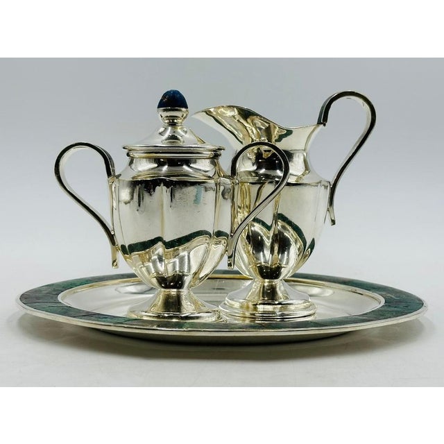Los Castillo 1960s Los Castillo Taxco Silver Azurite Malachite Creamer Sugar Tray Set, Mexican Mod For Sale - Image 4 of 18
