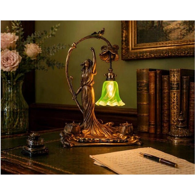 An exceptional French Art Nouveau figural desk lamp and inkstand signed by Louis Cahuzac, dating to circa 1920. The...