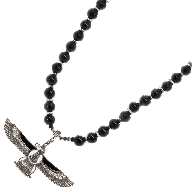Metal Guardian Angel Faravahar Pendant Black Tourmaline Beaded Necklace For Sale - Image 7 of 12