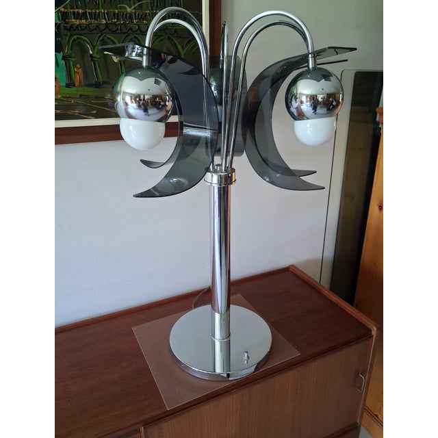 Robert Sommeman Style Vintage Space Age Chrome 1970's 5 Light Waterfall Lamp With Smoked Lucite Petals. For Sale In Orlando - Image 6 of 15