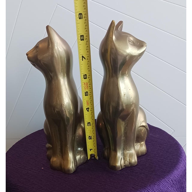 1960s Large 9" Heavy Vintage Solid Brass Sitting Cat Bookends - Pair For Sale - Image 5 of 6