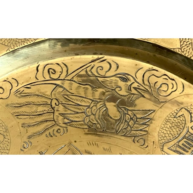 Vintage Guanyin Goddess of Mercy Solid Brass Round Tray With Engravings, Wall Hanging or Table Top For Sale - Image 4 of 7