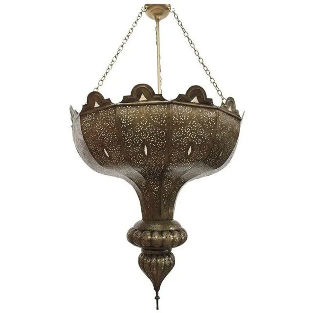 Large Moroccan Moorish Pierced-Brass Chandelier With Glass Insets, Circa 1960 For Sale - Image 13 of 13