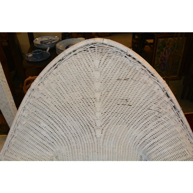 Wood Vintage White Wicker Oversized Fan Back / Cobra Patio Arm Chair With Blue Stripe Cushion For Sale - Image 7 of 12