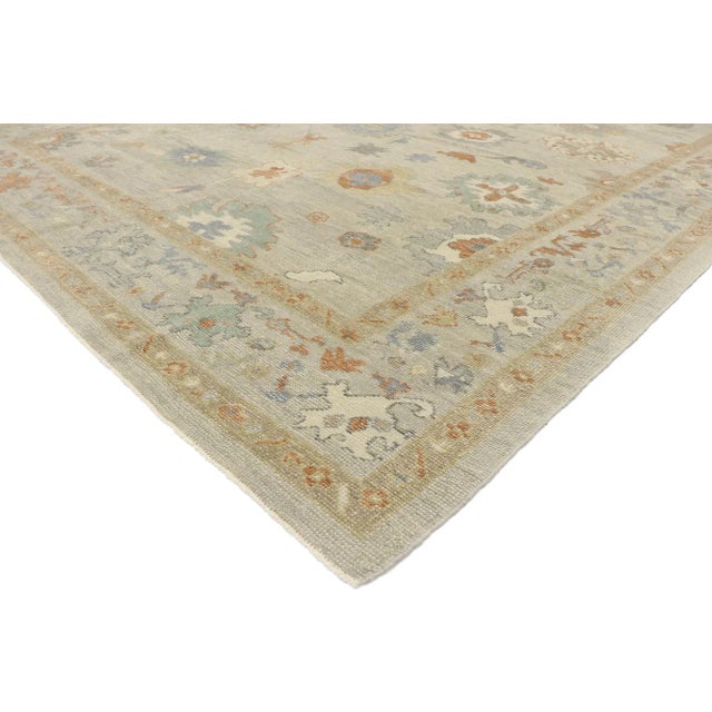Neutral Earth-Tone Turkish Oushak rug with transitional modern style 09'11 x 12'06. Playful and polished, this hand-...