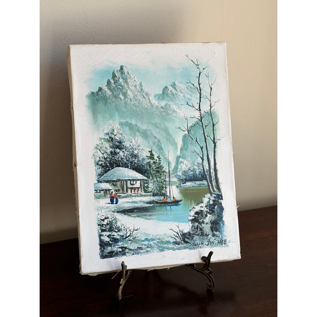 Sky Blue Circa 1970 Oil on Canvas Asian Winter Landscape, Suh Jin Hee (South Korea, 20th Century), Unframed For Sale - Image 8 of 12