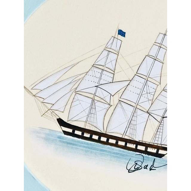 Nautical Original Hand-Painted Sailboat in a Hand-Painted Blue Frame and Mat For Sale - Image 3 of 3