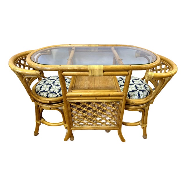 Vintage 3 Pc Bamboo and Rattan Honeymoon Bistro Set, Table and Two Chairs For Sale