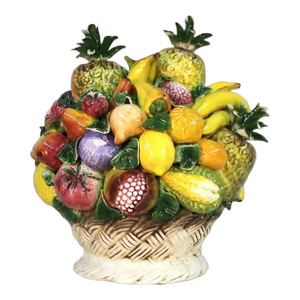 1950s Large Italian Majolica Fruit Basket Centerpiece, Mid-Century Hand-Painted Ceramic
