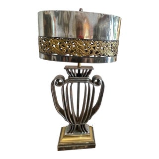 Polished Metal Shade & Wrought IronTable Lamp, France, 1940s For Sale