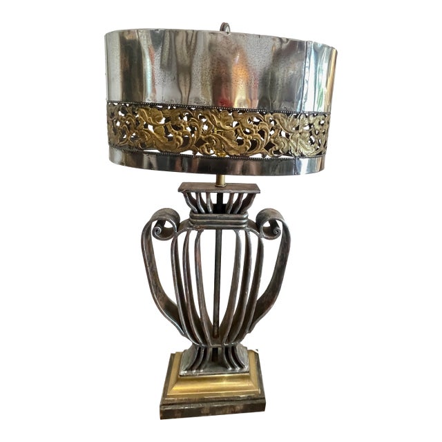 Wrought Iron & Polished Metal Shade Table Lamp, Prototype, France, 1940s For Sale